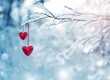 Red hearts on snowy tree branch in winter. Holidays happy valentines day. Love concept.
