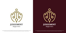 Law Shield Logo Design Illustration. Silhouette Judge Law Firm Regulations Law Firm Advocate Attorney Court Scales Barrier Shield Armor Badge. Bold Icon Symbol Loud Minimal Minimalist Elegant Simple.