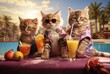A cute British Shorthair cat fully embracing vacation mode while surrounded by drinks.