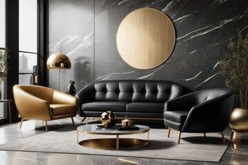 Interior home design of modern living room with leather sofa and gold round table against black gold marble panel wall