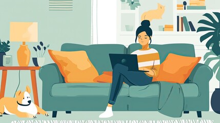 Wall Mural - A cozy home office setup with a stylish, minimalistic design, featuring a young professional working on a laptop, with a pet sleeping nearby