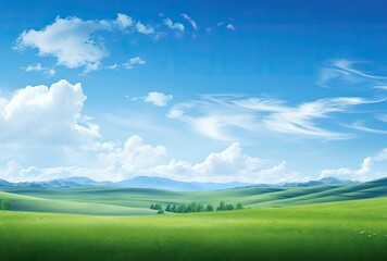 Wall Mural - Rolling green hills beneath a brilliant blue sky adorned with fluffy clouds.