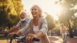 © SazzadurRahaman - Grandfather and grandmother are riding bicycles in the park in the sun generative ai