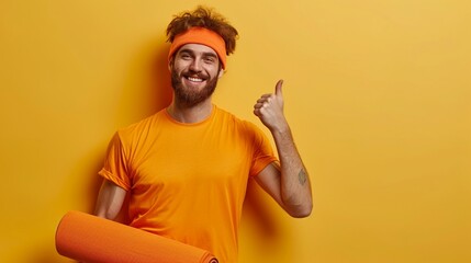 Wall Mural - Young fitness trainer instructor sporty man sportsman wear orange t-shirt hold in hand yoga mat show thumb up training in home gym isolated on plain yellow background. Workout sport fit abs concept.