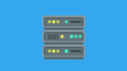 Poster - Pixel Art animation for a running server. The lights on the server go on and off. The server is made in pixel style. HD, 4k video clip.