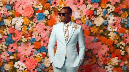 Wall Mural - Stylish African American man in white wedding suit on floral wall background.