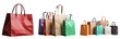 © TT - Conjunto de sacolas de papel. Grupo com vários sacos de compra coloridos, isolado em fundo transparente.