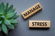 © Natallia - Manage stress symbol. Concept word Manage stress on wooden blocks. Beautiful grey background with succulent plant. Business and Manage stress concept. Copy space