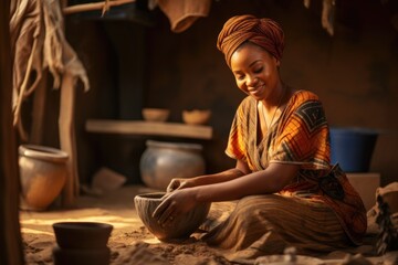 A young African woman sits in a workshop between pottery and makes pots