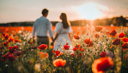 Canvas Print - Sunset Romance: Happy Young Couple Embracing in a Beautiful Summer Field