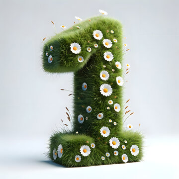 number 1 made out of grass and daisy flowers, isolated on a white background