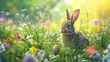 In a sunlit meadow adorned with colorful spring flowers, a playful Easter bunny frolics among vibrant Easter eggs hidden in the tall grass. The joyous scene captures the essence of