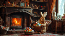 Inside A Cozy Cottage, A Fireplace Crackles As An Easter Bunny Delivers Beautifully Wrapped Easter Gifts And Chocolates To A Group Of Children. The Warm And Inviting Scene Exudes T
