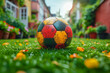 A football in the colors of Germany lying in a garden of a typical German house
