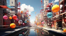 Amidst Towering Buildings And A Bright Blue Sky, The Streets Of This Vibrant City Are Lined With Colorful Balls Floating On The Canals, Creating A Playful And Lively Outdoor Atmosphere