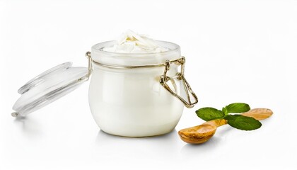 Sticker - glass jar of greek yogurt isolated on white background from side view