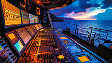 Control Panel On A Ship, Illustrating Navigation And Technology In The Maritime Industry.