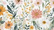 trendy hand drawn wild meadow florals flower bouquet illustration seamless pattern vector