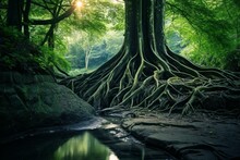 The Image Shows A Tree With Exposed Roots In A Lush Forest. Generative AI