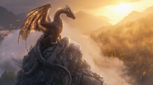 Dragon Perched Atop A Misty Mountain, Scales Shimmering In The Sunrise Light, Intricate Details On Its Wings