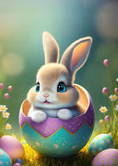 Easter celebration. Easter Delight adorable bunny in a decorative egg amidst spring flowers