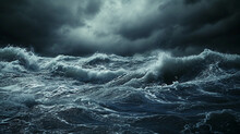 Waves In A Stormy Sea, Showcasing The Power And Energy, Dark Ominous Clouds Above, Realistic Depiction Of Turbulent Water, High Waves, And Strong Winds