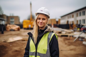 a woman engineer, builder or architect in a helmet against the background of a construction site