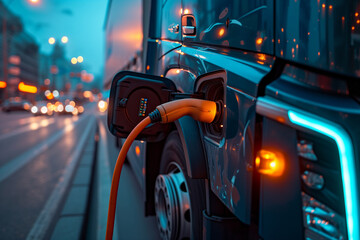 Electric truck, charging, city lights, evening, sustainable, eco-friendly, heavy transport, clean energy, modern design, blue and orange glow, city backdrop, futuristic, zero emissions, plug-in.