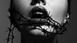 woman with barbed wire in her mouth