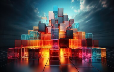 Poster - In the dark city night, a skyscraper stands tall, illuminated by a colorful screenshot of art, as a group of cubes dance among the clouds in the sky