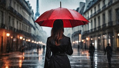 Poster - woman in the rain on the street with a red umbrella