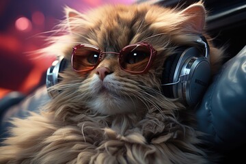 Wall Mural - A stylish feline jamming out to its own purrfect playlist with the ultimate combination of shades and tunes - a furry fashionista indeed!