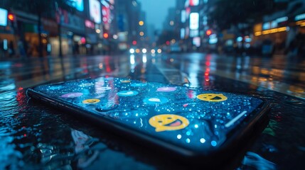 a smartphone with a hologram on the screen of which various new symbols and emoticons of social media float. Concept: popularity and likes or notifications on social networks
