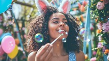 A Joyful Woman In Bunny Ears Blows Bubbles In A Garden Filled With Easter Decorations