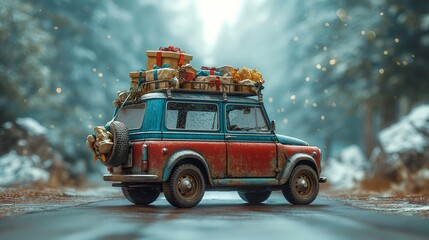 Poster - 3D retro car with gift boxes. Generative AI