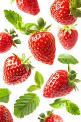 Wall Mural - Juicy ripe strawberries with green leaves flying on white background