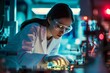 © Bipul Kumar - A woman wearing glasses and a white lab coat working on a microscope Generative AI