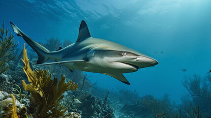 Wall Mural - Caribbean Reef Shark in the blue sea water. AI Generative