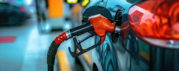 Petrol pump filling fuel nozzle in gas station