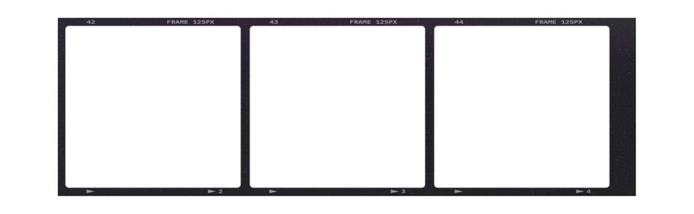 Camera transparent film strip mockup, isolated on white background template frame, real high-res 35mm photo scan analogue sheet negative