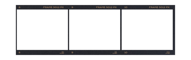 Camera transparent film strip mockup, isolated on white background template frame, real high-res 35mm photo scan analogue sheet negative