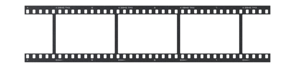 Camera transparent film strip mockup, isolated on white background template frame, real high-res 35mm photo scan analogue sheet negative