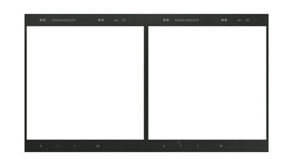 Camera transparent film strip mockup, isolated on white background template frame, real high-res 35mm photo scan analogue sheet negative