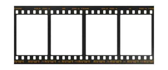 Camera transparent film strip mockup, isolated on white background template frame, real high-res 35mm photo scan analogue sheet negative