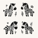 Fototapeta Konie - Clipart set of 4 simple abstract happy zebras by Generative AI