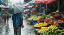 Outdoor Market In Vietnam On A Rainy Day 