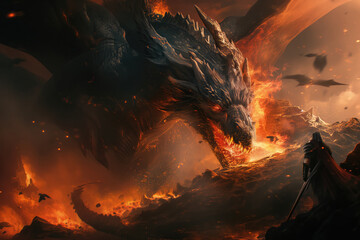 Fire breathes explode from a giant dragon in a black night, the epic battle evil - concept art