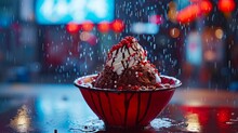 Shiny Textured Bright Red Bowl With Dark Chocolate Sundae, Red Sprinkles, In A Rainy City Background