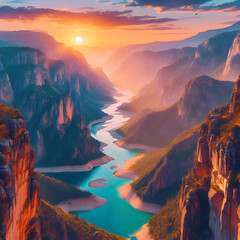 Wall Mural - A river in the mountains with a sunset in the background. Beautiful landscape nature scenery hills, mountain, trees, forest, river, lake, field view . sunrise. sunset. spring forest nature landscape, 