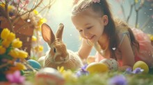  A Joyful Easter Moment Of A Cute And Joyful Girl Playing With A Fluffy Easter Bunny, Surrounded By Colorful Eggs And Springtime Decorations